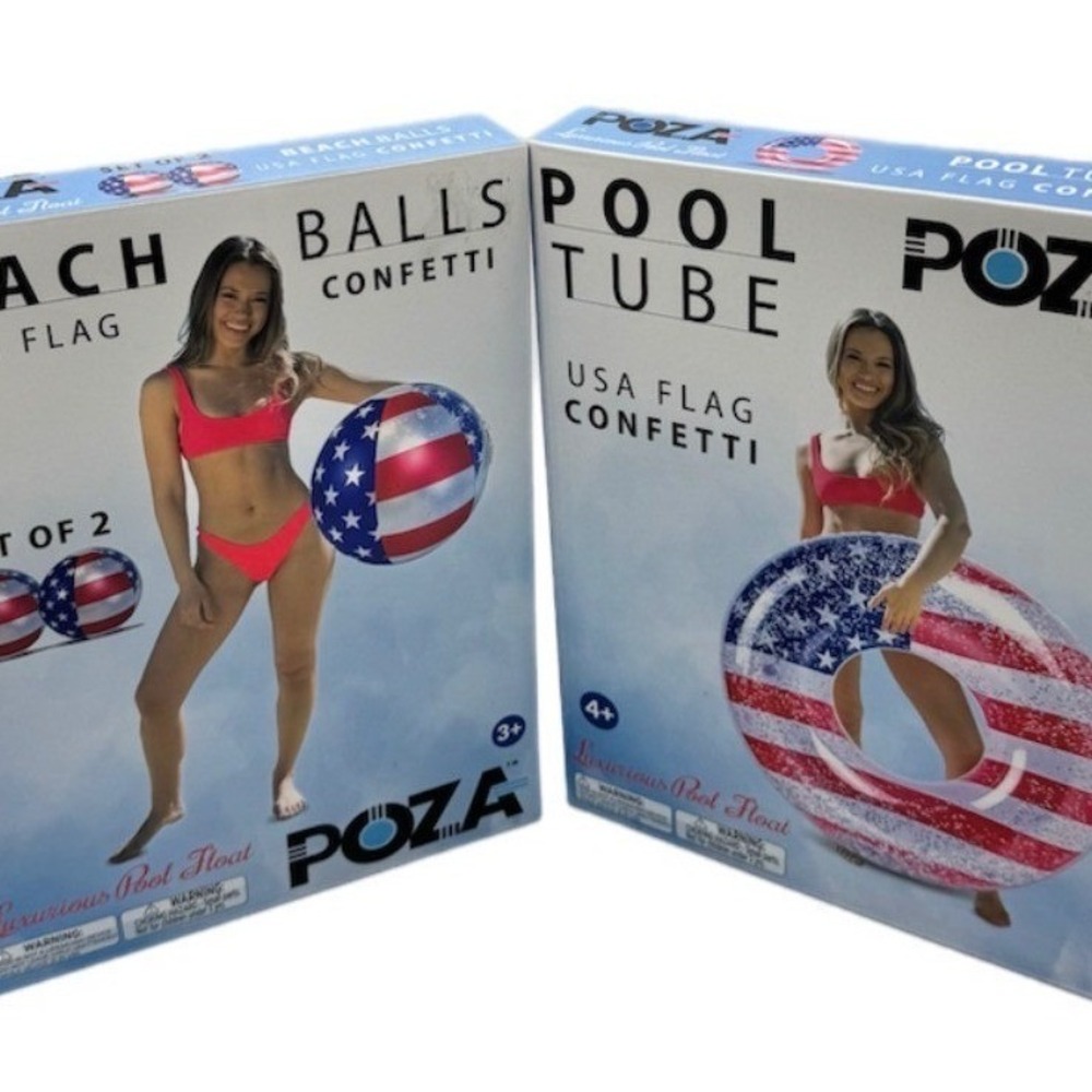 POZA Pool Tube and Beach Ball Set Red White Blue USA Flag Confetti Beach Pool